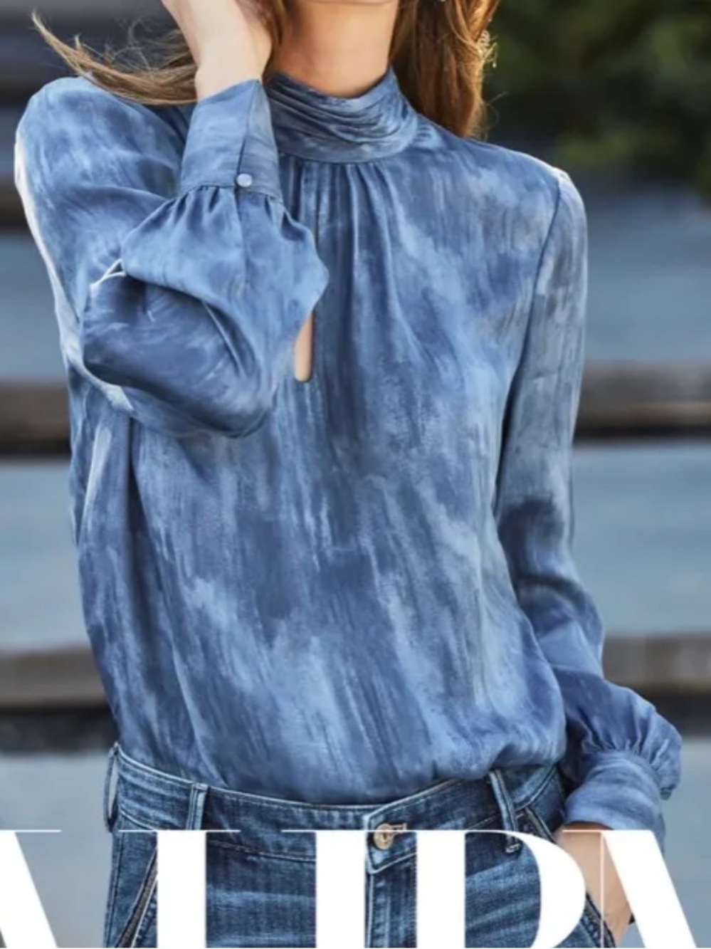 NWOT White House | Black Market - Blue Keyhole Mock Neck Longsleeve Blouse - Picture 2 of 12